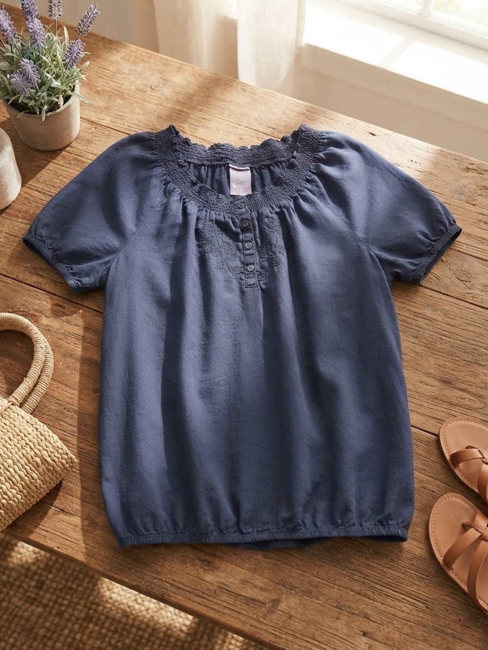 Laura Scott Navy Short Sleeve Smocked Peasant Top
